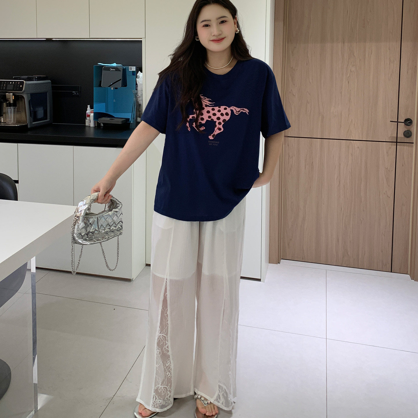 媛子家大码女装夏季新款休闲胖mm宽松遮肉蕾丝拼接开叉阔腿裤女