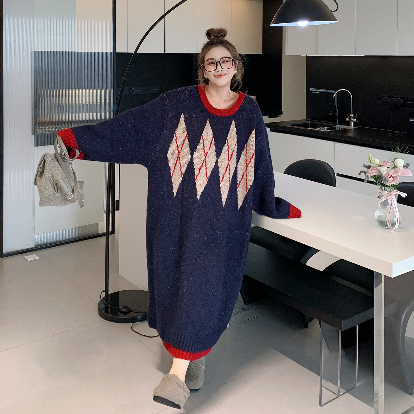 【新品折上折】媛子家大码秋季韩版时尚气质百搭拼色毛衣连衣裙女