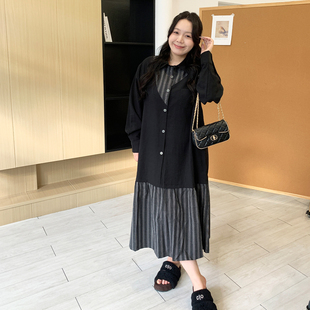 媛子家大码秋季通勤宽松遮肉显瘦胖mm纽扣衬衫拼接条纹连衣裙女