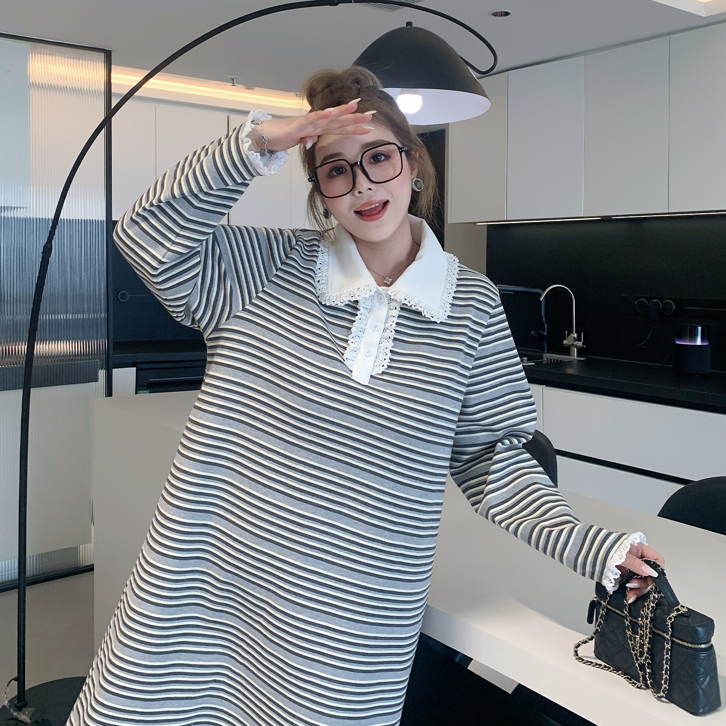 媛子家大码冬季宽松百搭长裙胖mm加绒条纹连衣裙