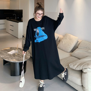 媛子家大码春季宽松型休闲胖mm韩版印花气质百搭卡通长款连衣裙女