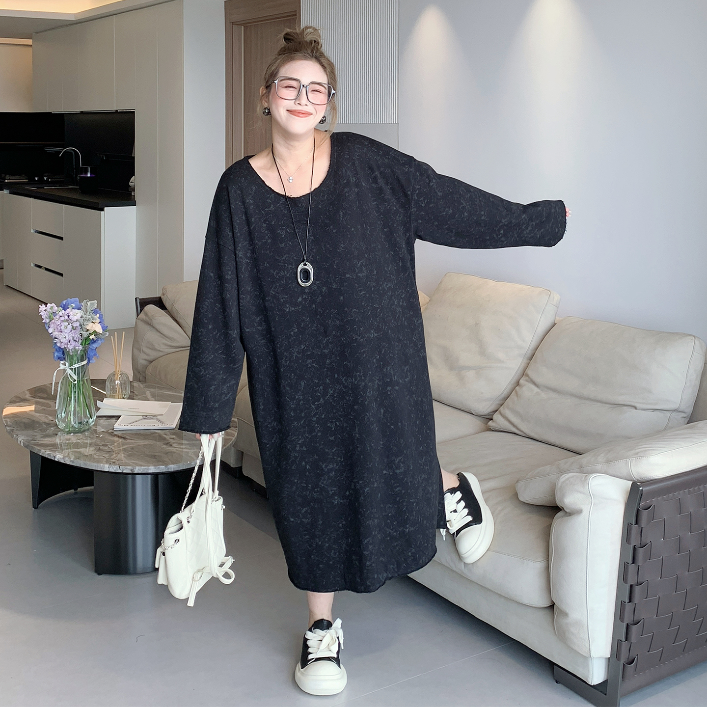 媛子家大码秋季胖mm时尚气质百搭连衣裙遮肉宽松显瘦简约气质长裙