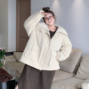 媛子家大码冬季时尚百搭毛绒翻领工装风派克服外套