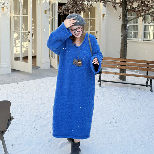 【新品折上折】媛子家大码冬季针织宽松连衣裙韩版克莱因蓝毛衣裙