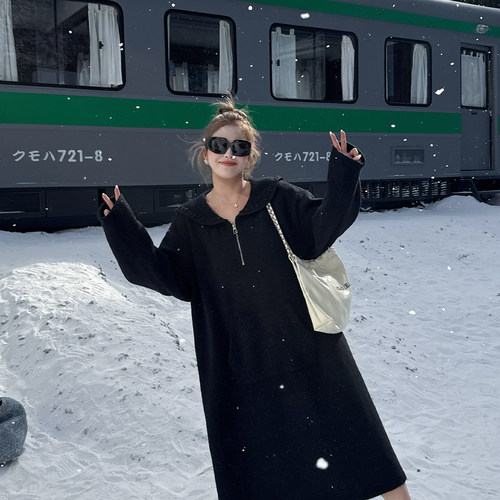 媛子家大码冬季加厚宽松纯色长款卫衣裙连帽百搭卫衣裙胖mm连衣裙