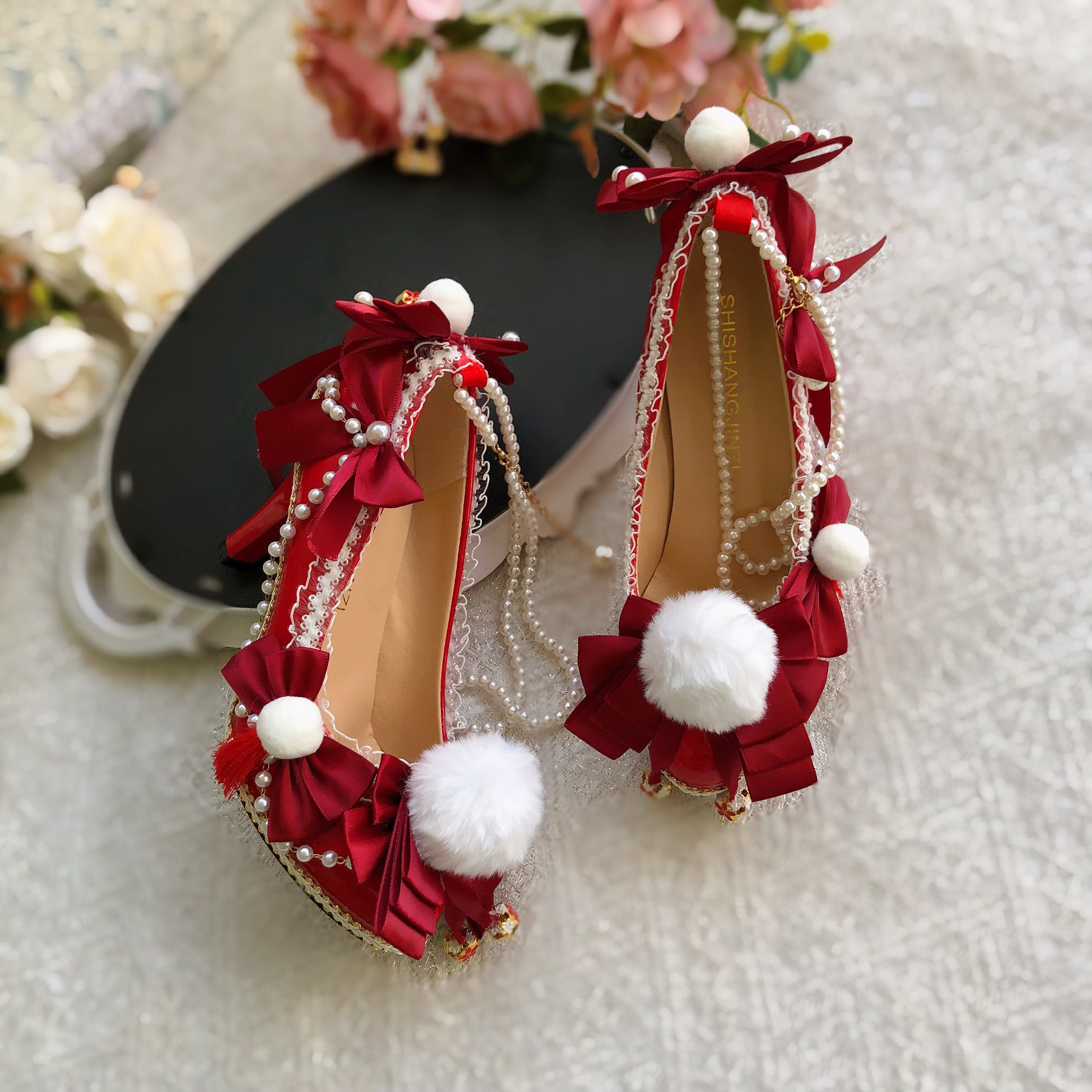 原创lolita汉服鞋子洛丽塔珍珠流苏高跟鞋女古风红色婚鞋秀禾新娘