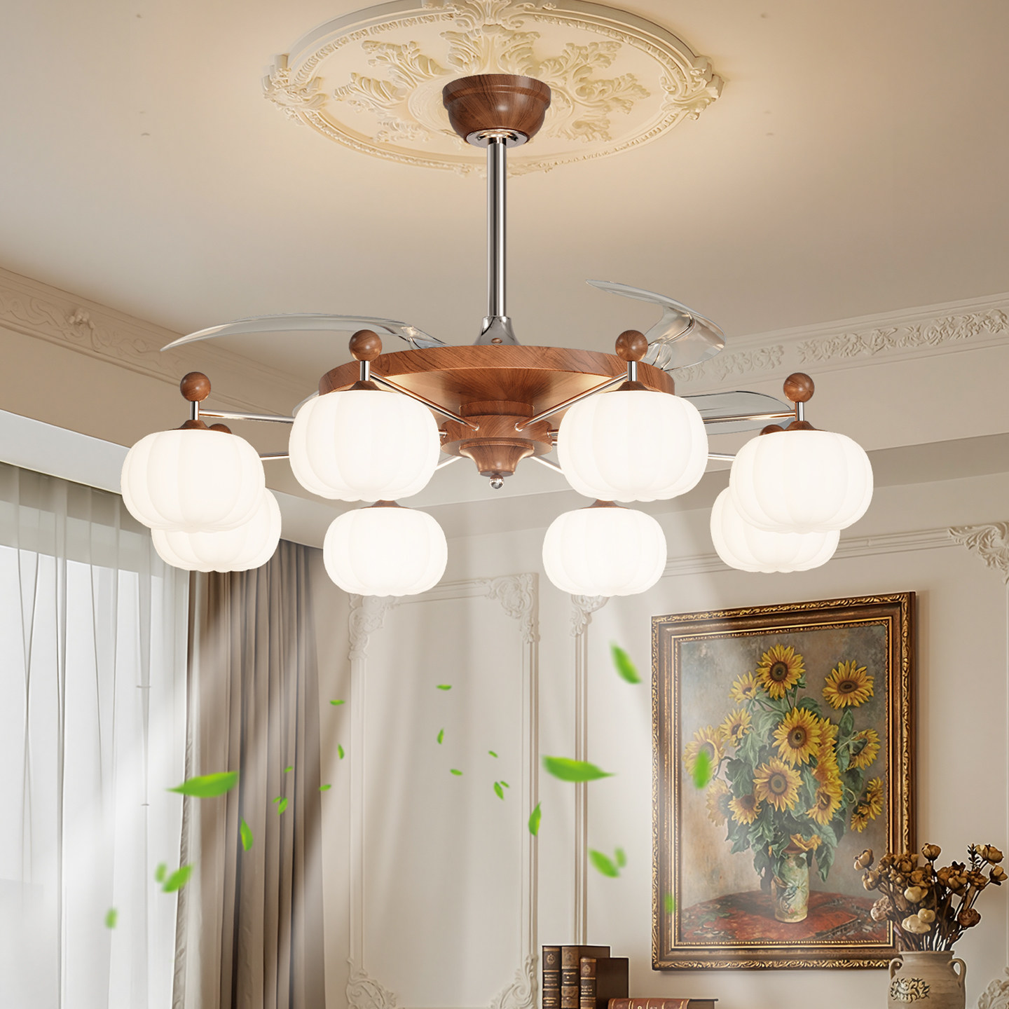 复古侘寂风吊扇灯客厅吊灯柿子造型法式中古风茶室餐厅风扇吊灯