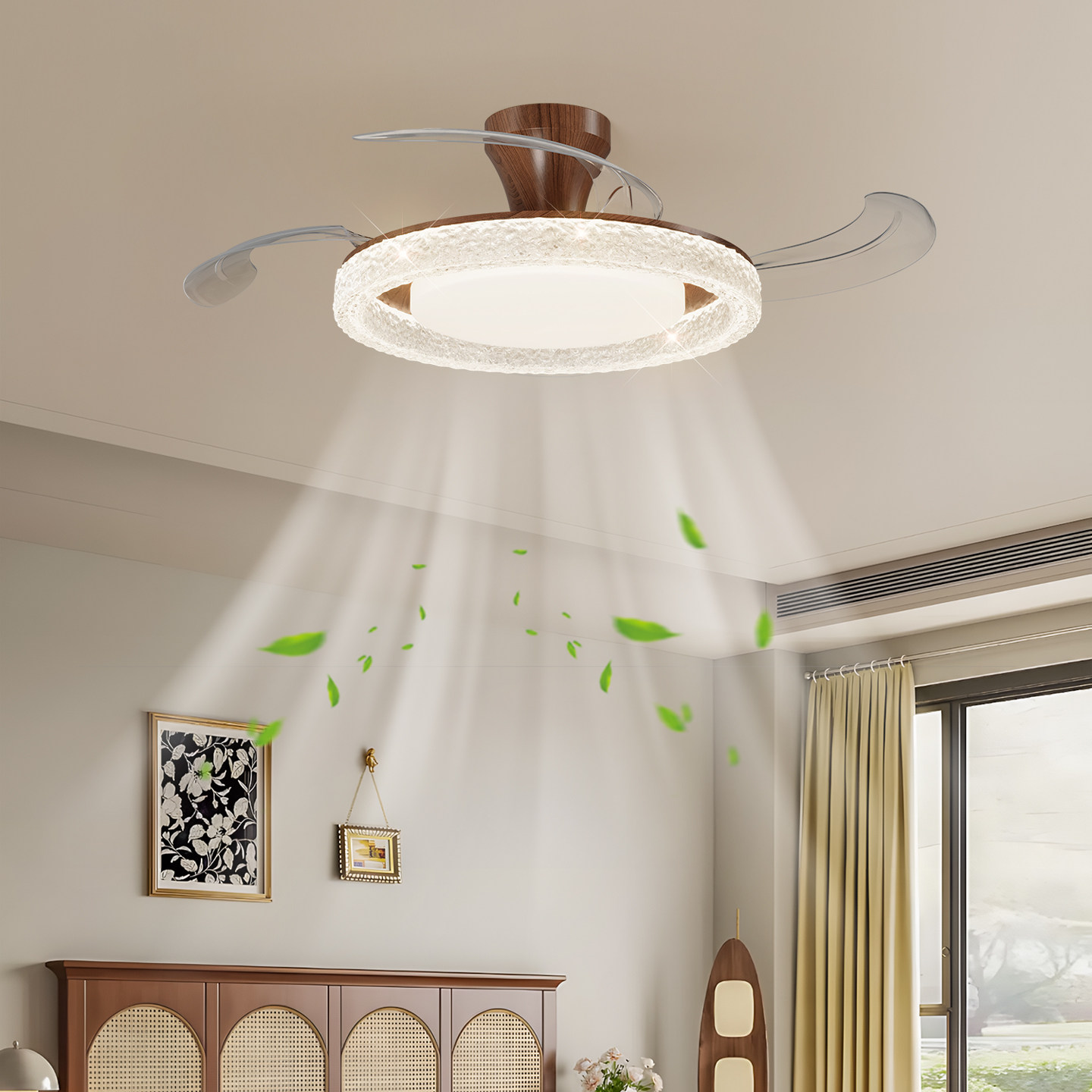 卧室隐形风扇灯中古风2026新款法式复古美式高级感餐厅吸顶护眼灯