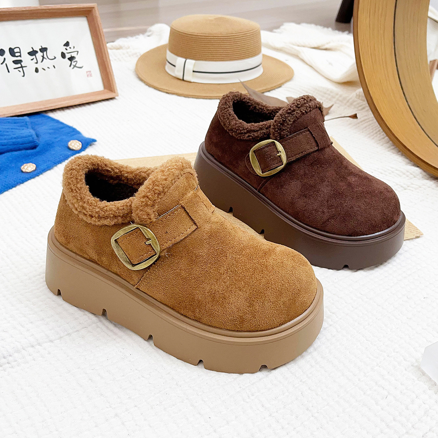 厚底勃肯鞋女加绒一脚蹬乐福鞋子