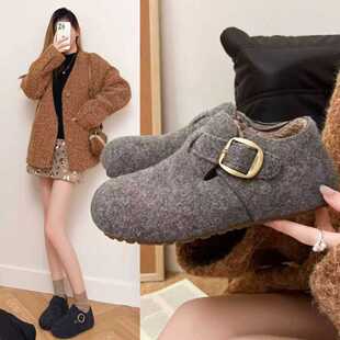 毛呢勃肯鞋女秋冬新款加绒保暖一脚蹬懒人鞋平底金属扣单鞋豆豆鞋
