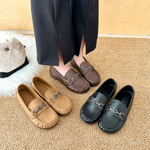 复古风圆头金属扣乐福鞋女平底软底舒适一脚蹬豆豆鞋休闲小皮鞋子