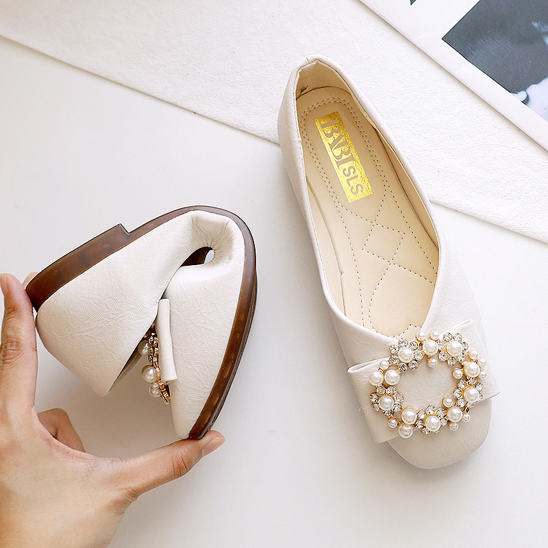 平底方头单鞋女春夏浅口珍珠扣软底奶奶鞋仙女风一脚蹬豆豆鞋