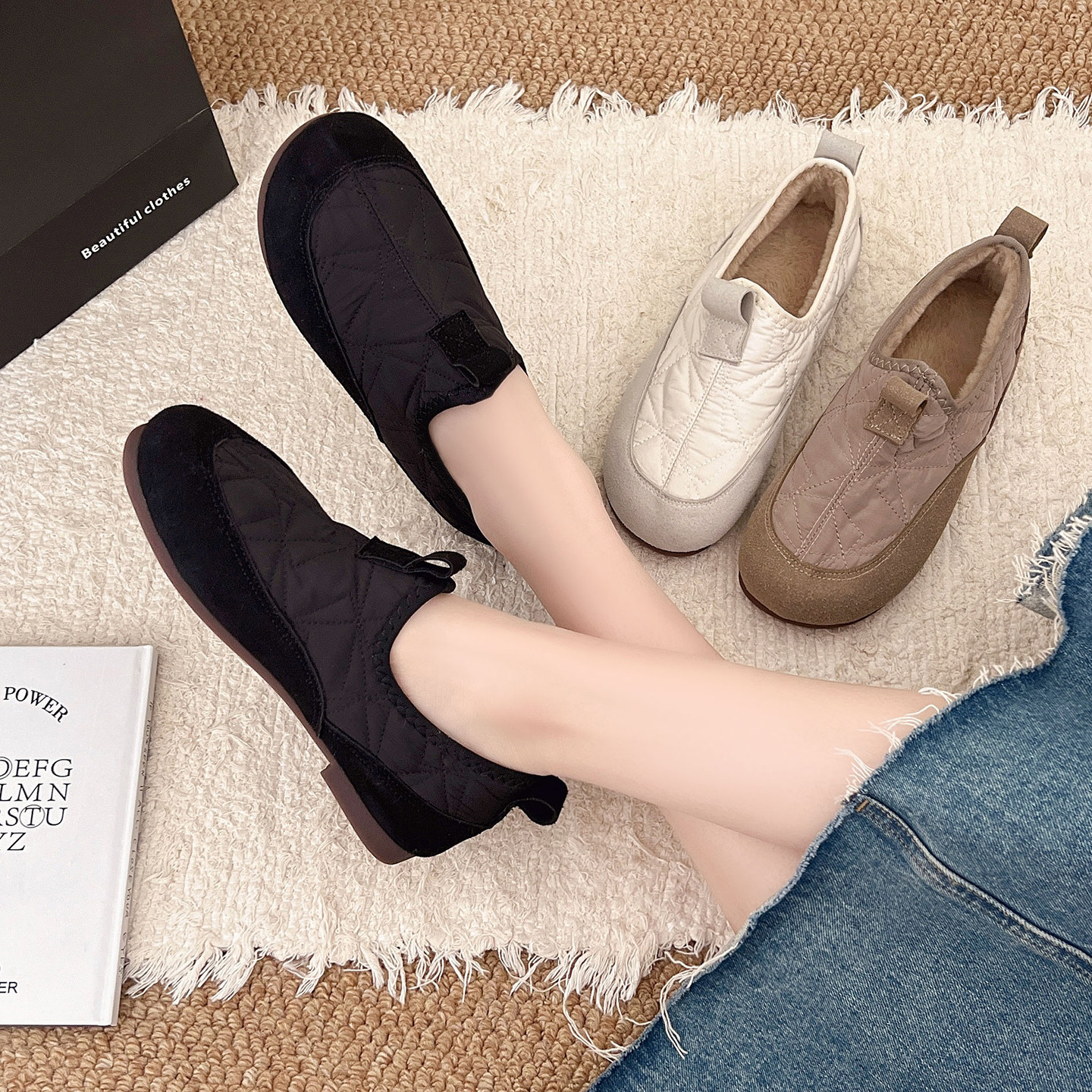 加绒软底奶奶鞋一脚蹬懒人鞋