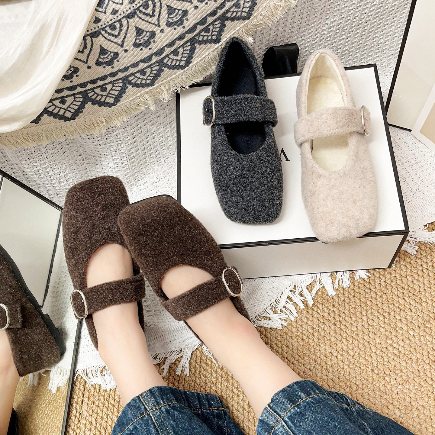 法式毛绒玛丽珍鞋女2025秋冬新款