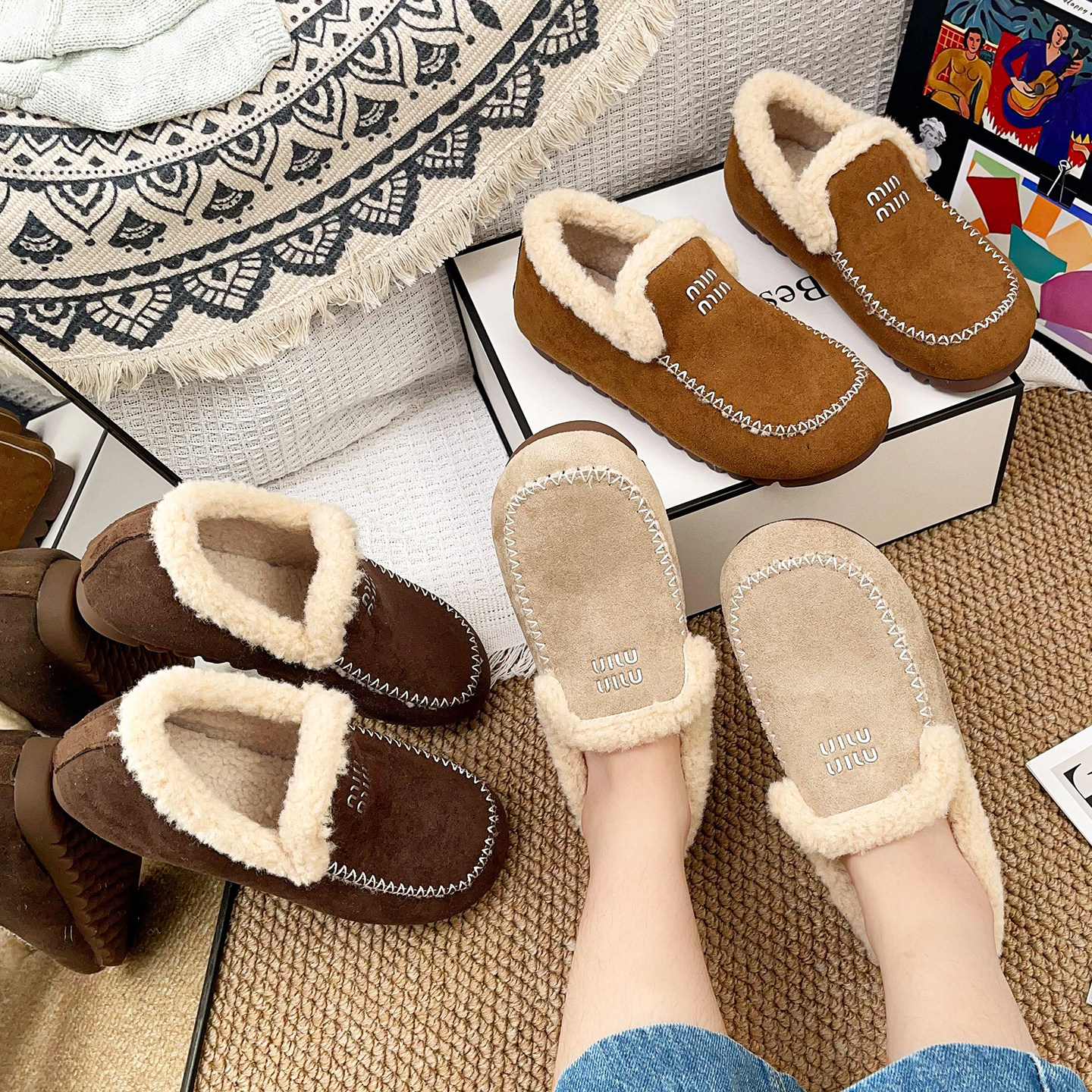 老北京加绒毛毛豆豆鞋女秋冬新款一脚蹬懒人乐福鞋保暖不累脚棉鞋,女鞋,乐福鞋（豆豆鞋）,淘宝优惠券,粉丝福利购,淘宝优惠卷