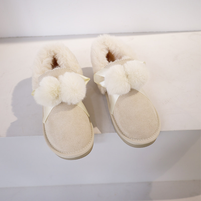 雪地靴女短靴2021冬季新款可爱毛球蝴蝶结加绒面包鞋保暖棉鞋靴子