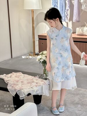wooso吾束女童装2026夏新款气质款新中式无袖连衣裙复古旗袍33928