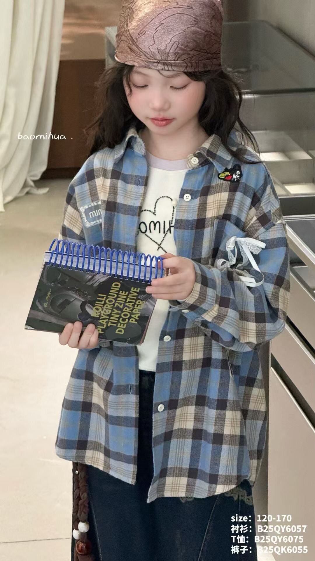 韩国爆米哗男女童黑白格子衬衫2025秋新款儿童外套女大童洋气上衣