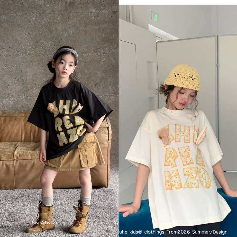 韩国品牌2026夏季新款女童儿童圆领短袖T恤卡通印花微短款上衣