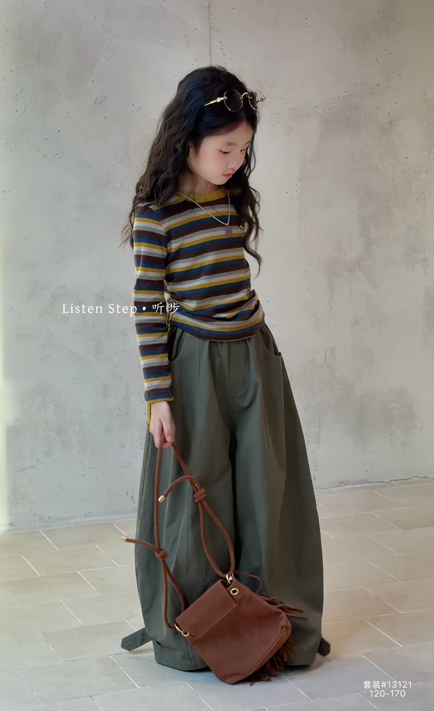wooso 吾束26年正版秋款女童中大童新款条纹上衣，长裤