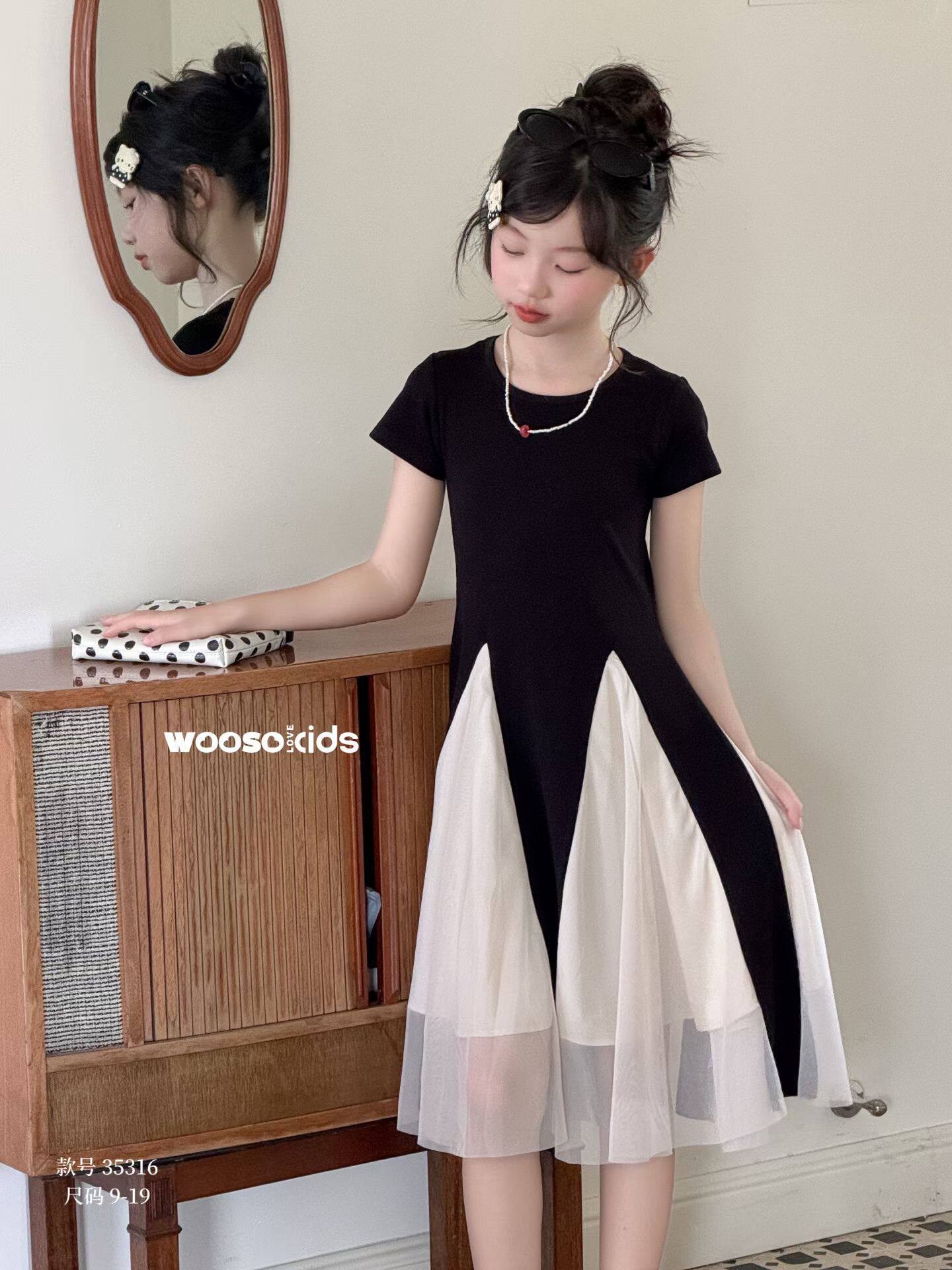 wooso吾束童装26夏季女童韩系气质优雅黑白拼接网纱短袖连衣裙