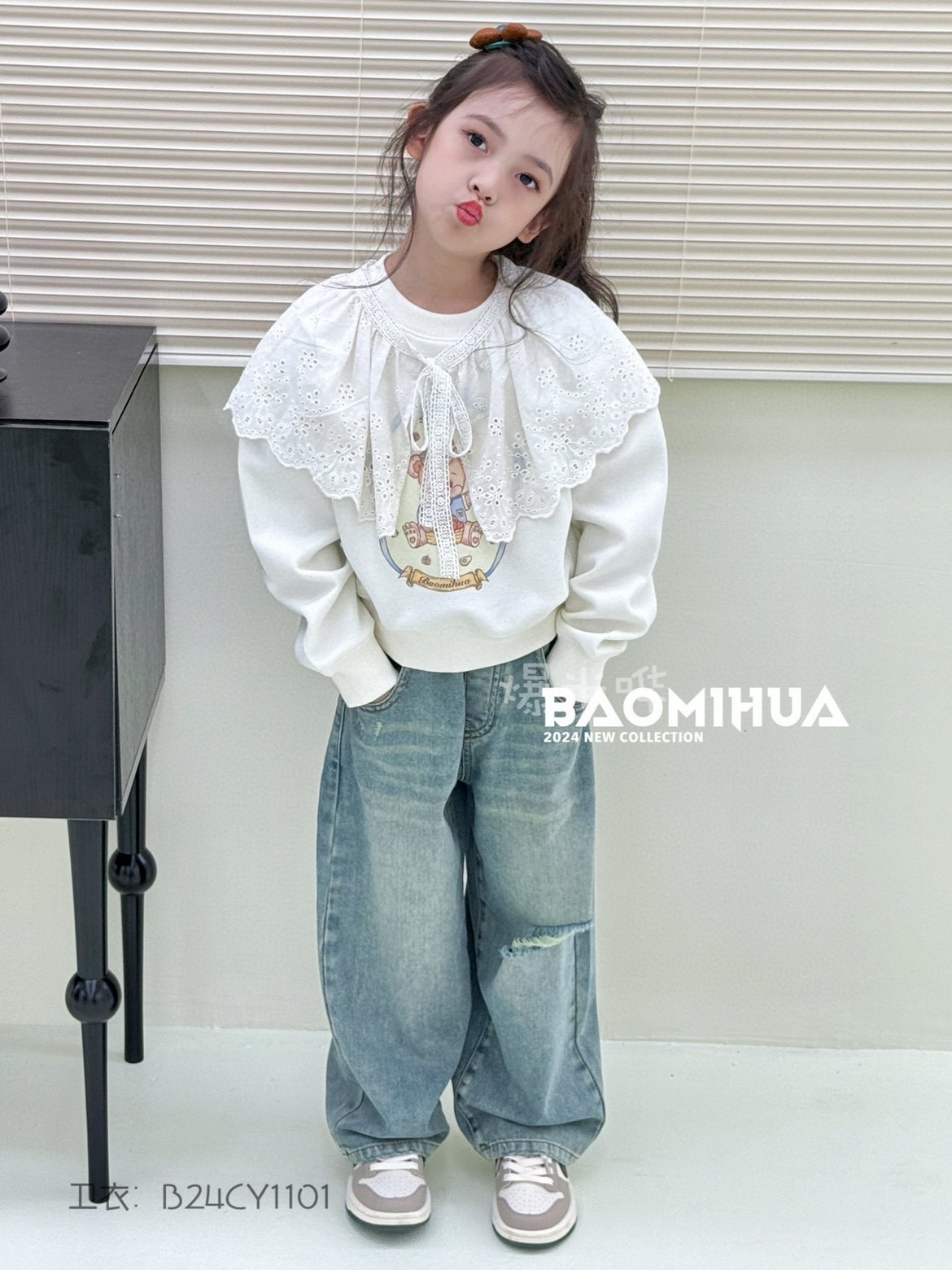 bora韩国童装2024款春款儿童潮范中大童女童卫衣蕾丝领卫衣1101