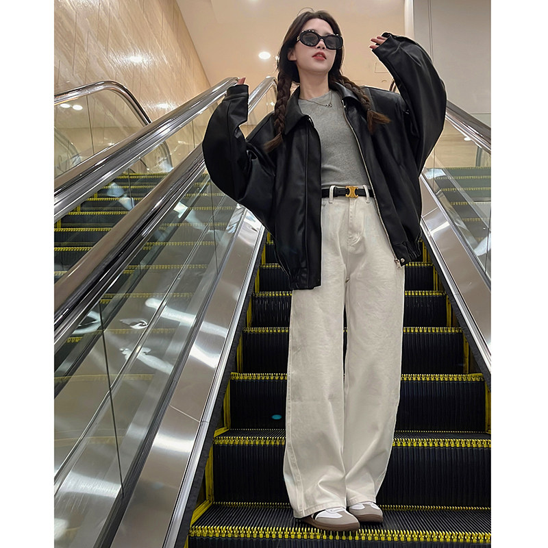 白色小个子阔腿牛仔裤女秋季2025年新款高腰垂感设计感直筒拖地裤,女装休闲裤,浙宝233