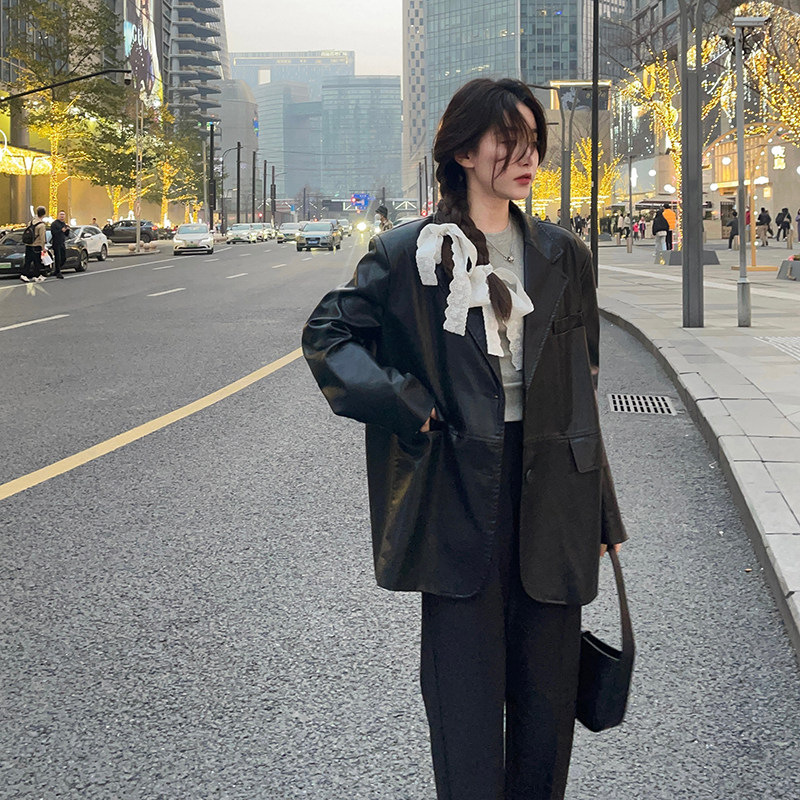2023秋垫肩韩版朴彩英同款显瘦皮西装皮衣MMJ5118-P145-K198,女装皮衣,浙宝233