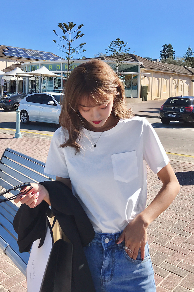 白色短袖t恤女夏2025新款爆款韩系高级感百搭修身打底衫上衣内搭,女装T恤,浙宝233