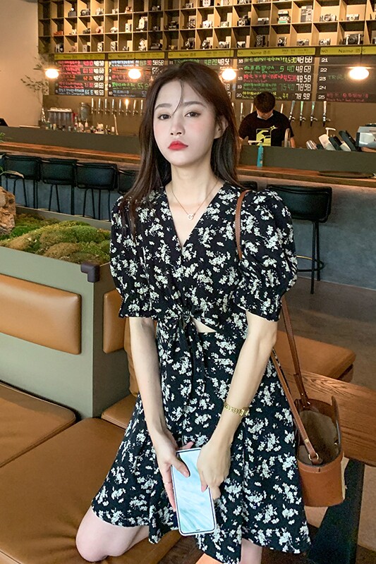 现货腰部绑带黑色碎花连衣裙MMJ2158P90控价148,女装连衣裙,浙宝233