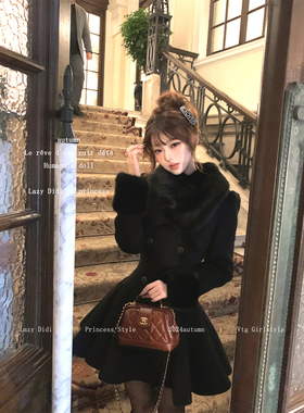 Lazy Didi赫本序章  掐腰夹棉毛呢大衣富家千金加厚毛领呢子外套