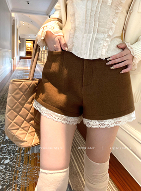 Lazy Didi比例天赋 质感至上秋冬A版短裤蕾丝边修身显瘦百搭裤子