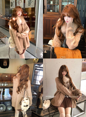 Lazy Didi浅奢织物 慵懒秋冬软糯毛衣外套中长款V领镂空扭花开衫