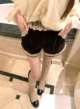 Lazy Didi自在从绒 定染中古丝绒刺绣短裤蕾丝边收腰显瘦阔腿裤
