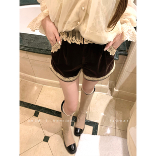 蕾丝边收腰显瘦阔腿裤 定染中古丝绒刺绣短裤 Didi自在从绒 Lazy