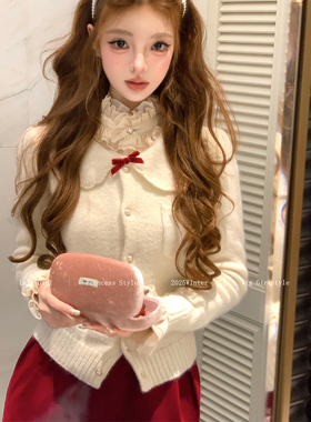 Lazy Didi柔光回忆 马海毛羊毛娃娃领开衫甜美蝴蝶结软糯针织衫