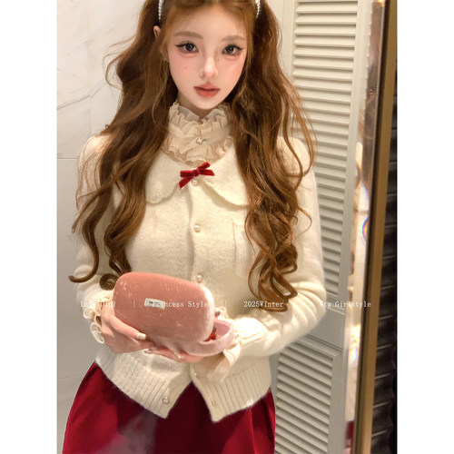 Lazy Didi柔光回忆 马海毛羊毛娃娃领开衫甜美蝴蝶结软糯针织衫