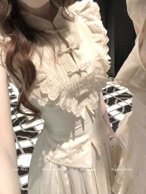 Lazy Didi折角腰 新中式天丝刺绣套装盘扣绣花蕾丝上衣半开叉长裤