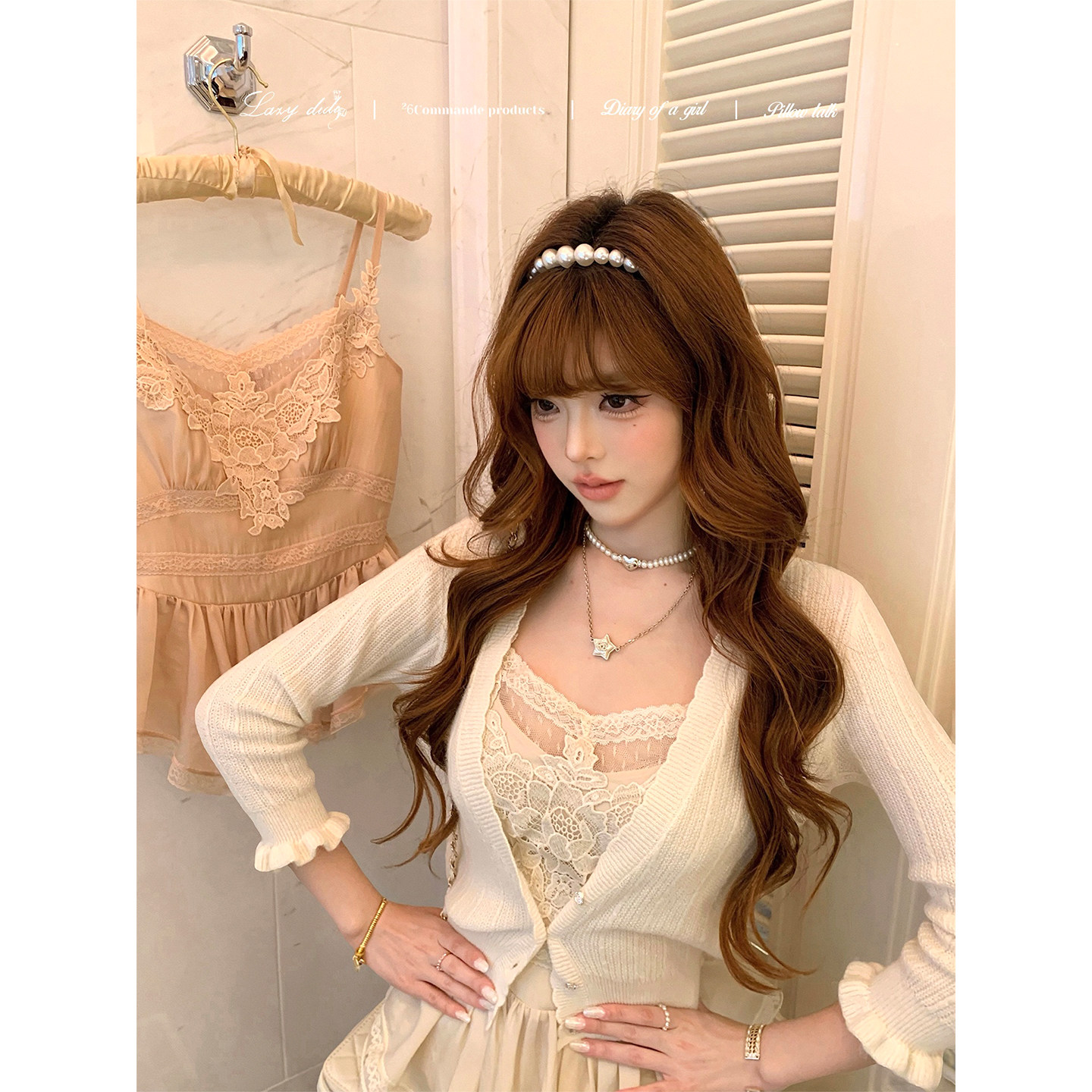 Lazy Didi春日灵感 细麻花毛织开衫外套花朵七分袖钻扣木耳边上衣