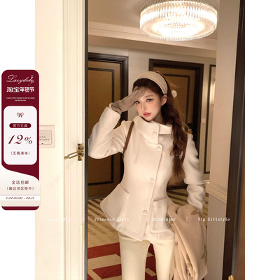 Lazy Didi西西里日报 八片式掐腰中古套装高领毛呢外套半裙两件套