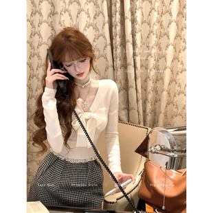 系带蕾丝收腰长袖 精纺100绵羊毛打底衫 上衣 Didi舒适底牌 Lazy