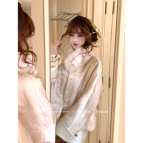 Lazy Didi碎玉如雪 新中式兔绒内里外套狐狸毛领提花国风加厚上衣