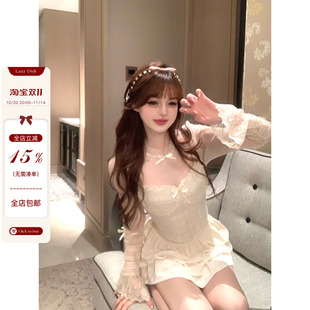 LazyDidi月光信诗 羊毛手工蕾丝内搭小香假两件上衣短裙两件套