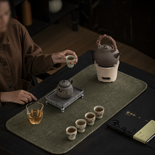 妙竹轩双色提花麻茶席复古风植物染手作干泡垫桌旗中式茶空间布艺