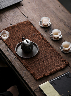 妙竹轩  植物染小茶垫柿染古朴老布茶席复古流苏桌旗禅意桌旗茶布