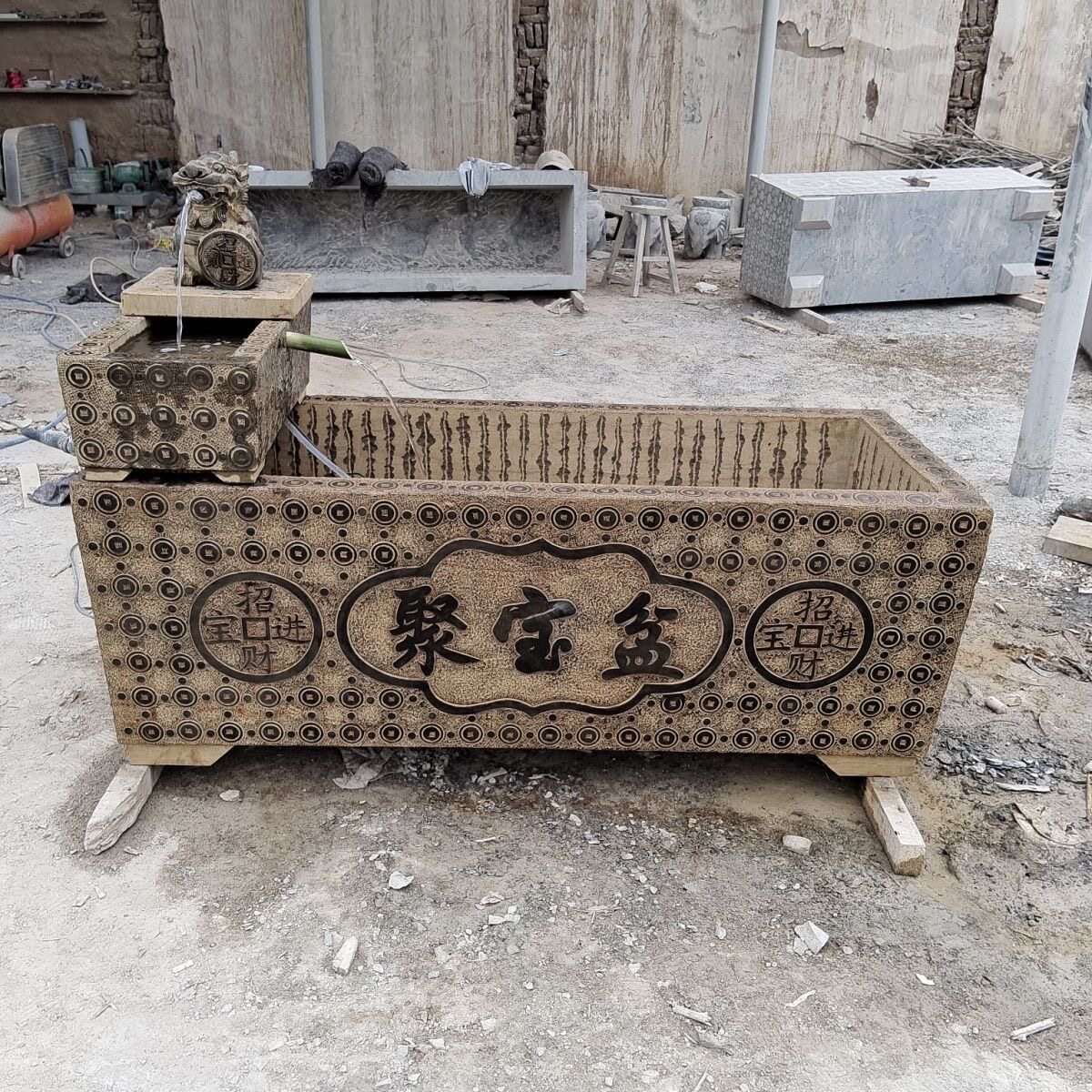 石雕花盆青石金钱石缸鱼缸荷花仿古养鱼水缸流水庭院户外石槽摆件