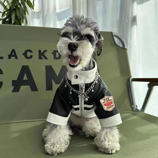 新款 宠物泰迪比熊雪纳瑞潮流皮衣双色拼接外套猫咪马尔济斯犬衣服