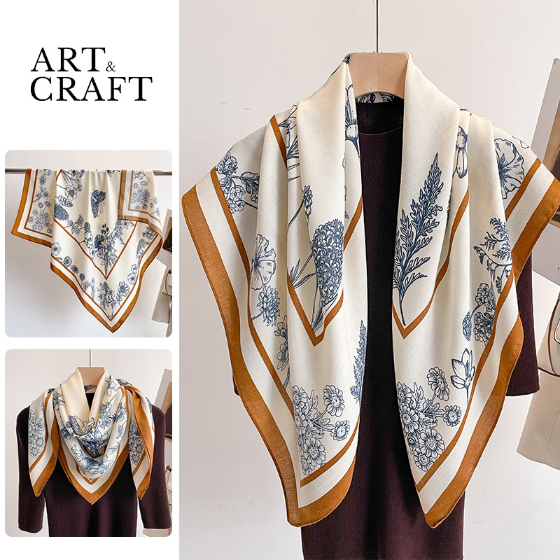 90洋气花朵印花丝巾棉麻大方巾女士新款文艺披肩外搭百搭气质搭配
