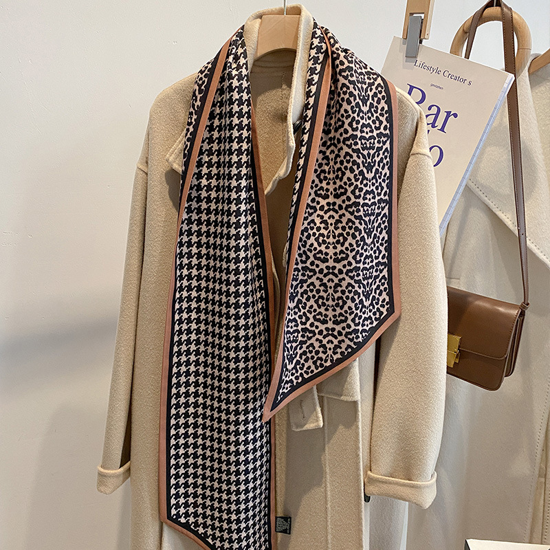 豹纹千鸟格双面仿丝毛围巾女春秋冬季长条飘带高级感领巾长巾装饰