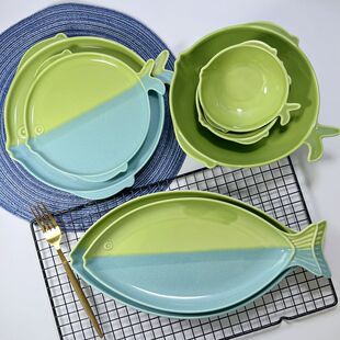外贸尾单釉下彩陶瓷鱼型餐盘水果摆盘大号蒸鱼盘鱼型饭碗寿司盘子